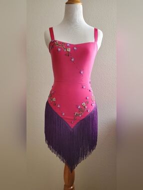Fuchsia Embellished Fringe and Crystal Accents Mini Dress with Purple Fringe
